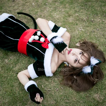 

2020 Christmas Women Adult Santa Dress New Elf Anime Cosplay Costume Dark Green Cat Stage Xmas Performance Halloween Girl
