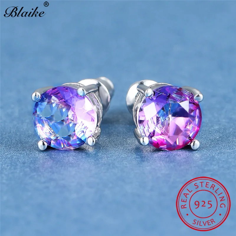 Серьги из стерлингового серебра 925 пробы, Круглые, розовые, красные, синие, циркониевые мистическое Радужное, хрустальные, свадебные серьги-гвоздики для женщин, ювелирные украшения