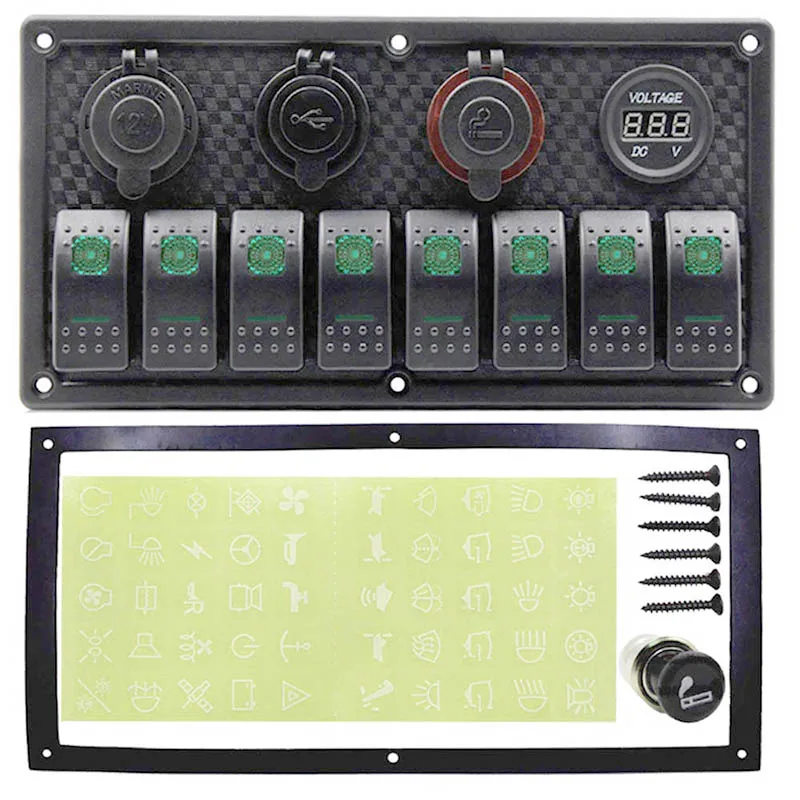 8 панель блока переключателей 12~ 24 В автомобиля лодочные автоматические выключатели переключатель панель с двумя usb-портами зарядного устройства+ гнездо для сигарет+ светодиодный свет - Цвет: 8 Gang Switch Green
