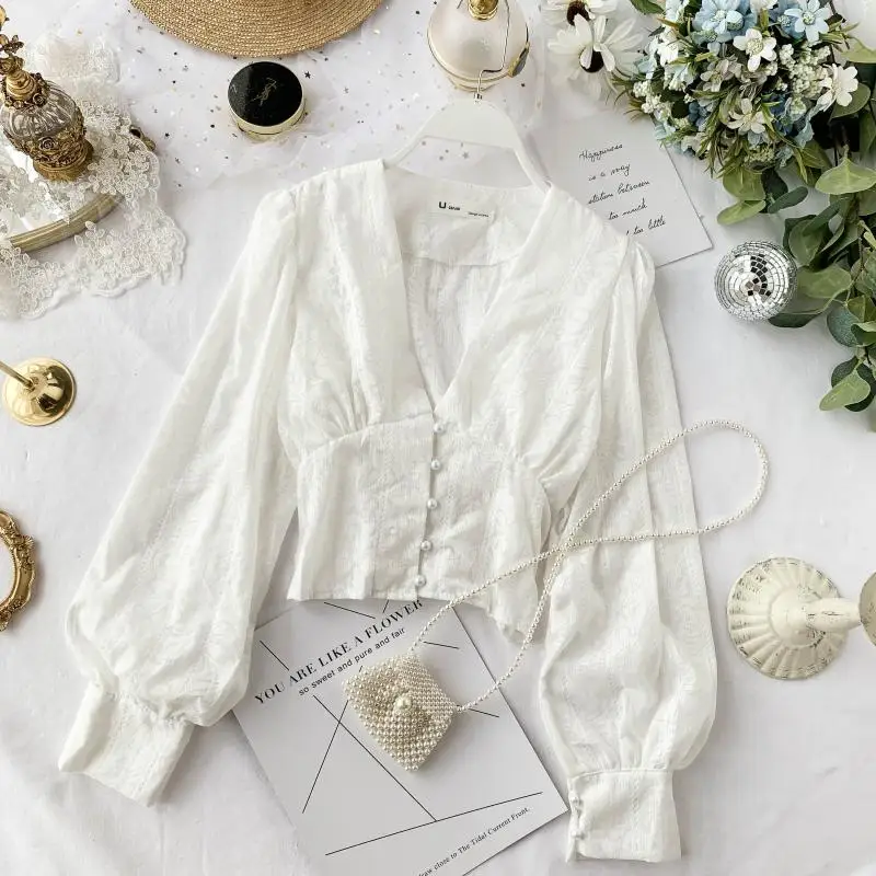 Белый Осень, женская блузка, Blusas, Ретро стиль, длинный рукав, однобортная, осенняя блузка, повседневная, синий/черный/белый, v-образный вырез, шикарный топ, блузка - Цвет: Белый