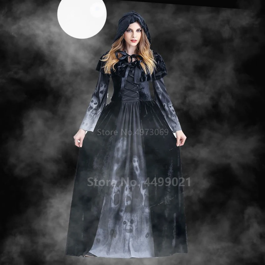 Halloween Women Medieval Gothic Witch Maleficent Horror Scary Cosplay Costume Carnival Party Ghost Long Black Hooded Dress