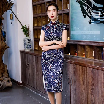 

Plus Size 4XL Women Oriental Retro Cheongsam Summer Print Floral Elegant Evening Dress Vintage Chinese Robe Costume Slim Qipao
