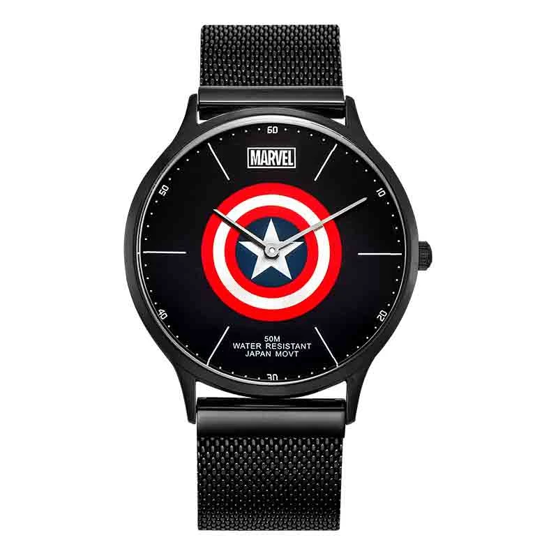 Черный Marvel Мстители Капитан Америка мужские из нержавеющей стали Milanese Mesh Band 5ATM водонепроницаемые японские кварцевые часы подарок для мужчин время - Цвет: Черный