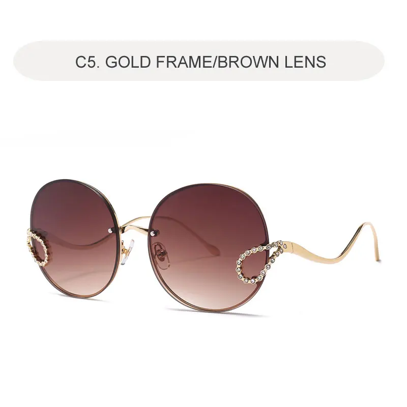 C5 BROWN Роскошные женские Стразы солнцезащитные очки Для женщин Италия Брендовая Дизайнерская обувь без оправы круглые большие солнцезащитные очки вогнуто-Выпуклое стекло, De Sol Feminino - Цвет линз: C5 BROWN