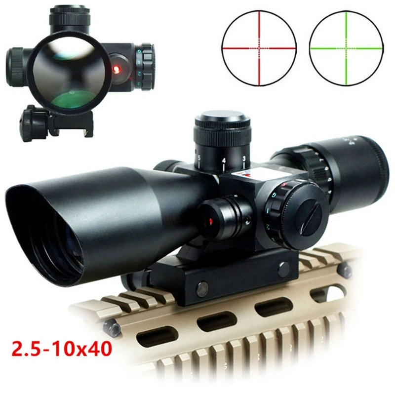 

Tactical 2.5-10x40 Red & Green Dot Illuminated Reticle Riflescope Hunting Scope with Red Laser Sight, 20mm / 11mm Rail Mount