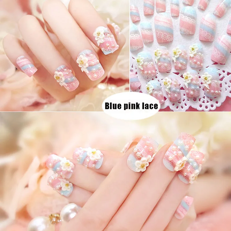 Blue pink lace 24 шт./компл. Мульти типы накладные ногти Топ отделка искусство оформления ногтей декор для невесты свадьба 998 - Цвет: Blue pink lace
