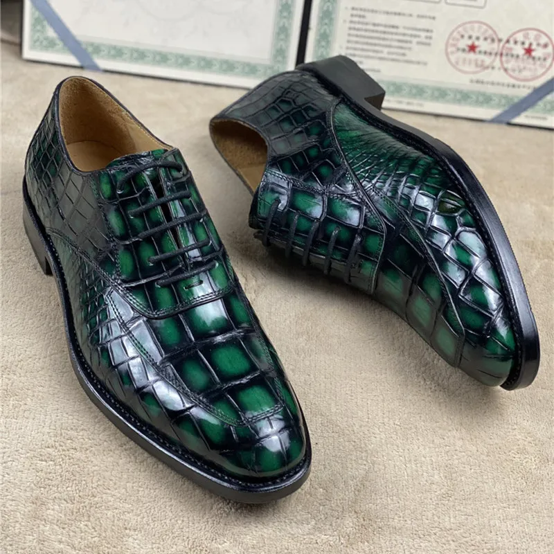 Authentic Crocodile Belly Skin Handmade Men's Party Dress Shoes Genuine Alligator Leather Male Lace-up Green Oxford Shoes