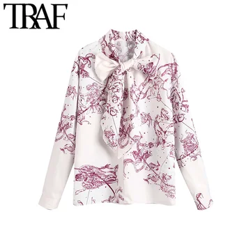 

TRAF Women Vintage Stylish Office Wear Print Loose Blouses Fashion Bow Tie Collar Long Sleeve Female Shirts Blusas Chic Tops