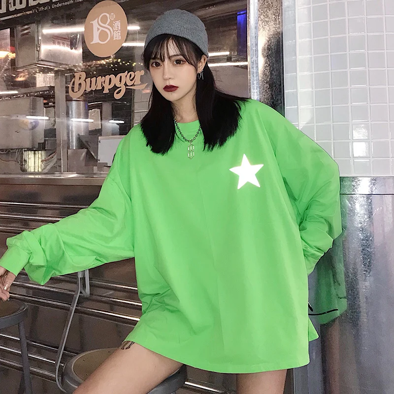 Женские футболки, топы, японские Kawaii, для девушек, Ulzzang, с принтом, светоотражающие, с длинным рукавом, футболка, женская, Harajuku, одежда для женщин