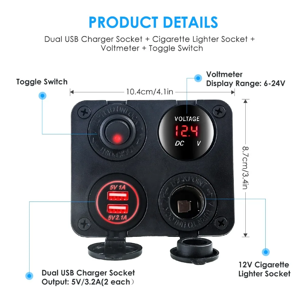 Car Charger 4 In 1 Dual USB Car Cigarette Lighter Socket Chargers Digital Display Switch Smart Charging Protection Charger