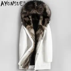 AYUNSUE 2019 парка пальто из натурального меха Мужская зимняя длинная куртка с натуральным волчьим меховым воротником с кроличьим мехом теплые
