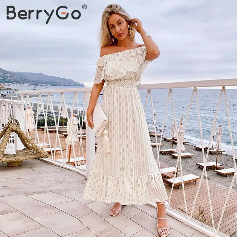 BerryGo, элегантное сексуальное длинное праздничное платье с оборками и открытыми плечами, повседневное праздничное пляжное белое платье в горошек, весенне-летнее платье макси, vestido