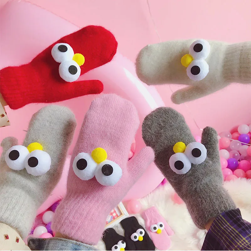 Kawaii милые плюшевые перчатки с большими глазами перчатки без пальцев для девочек guantes invierno детские зимние перчатки Handschoenen