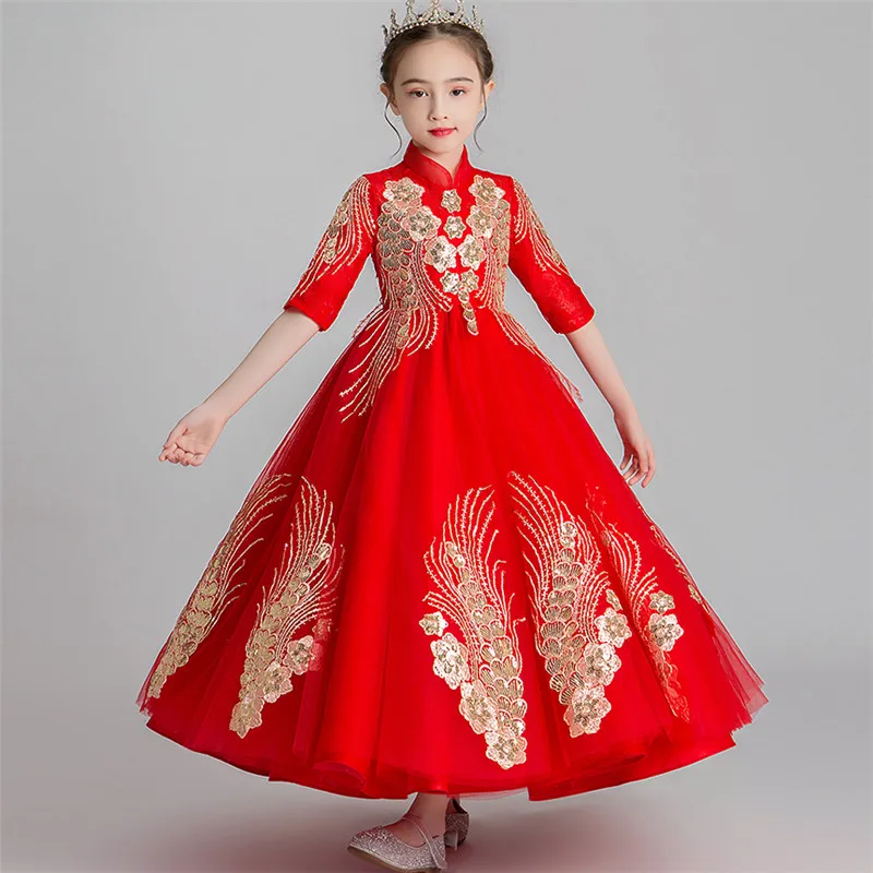 red long dress Детское роскошное платье в китайском стиле красного цвета с вышитыми цветами для девочек, Новогодняя вечеринка, фестивали, Рождественская вечеринка, длинное платье Ципао - Цвет: red long dress
