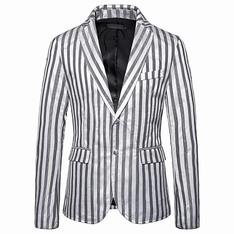 Смокинги в полоску Мужской Блейзер Куртка Slim fit Свадебные костюмы для мужчин пальто мода черный Золотой