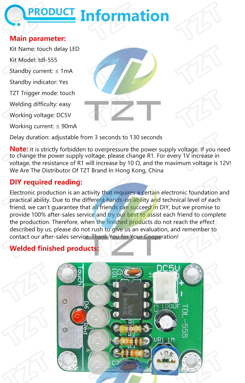 1/3-teiliges DIY-Kit: Touch-LED-Licht-Kit, Touch-Verzögerungslampe, Elektronik-Bauteile-Produktionskit, DC 5V, einstellbar von 3s bis 130s – Detail 1