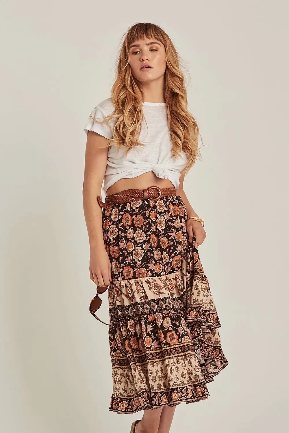 

WOMEN'S Dress 2019 Spring And Summer New Style Fashion High-waisted Lotus Leaf Lace-up Joint Printed Goddess Elegant Skirt Women