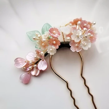 

High-end Customized Hair Pin Stick Pink Flower Freshwater Pearl Jewelry Natural Shell Leaf Wedding Hair Accessories Hairpins