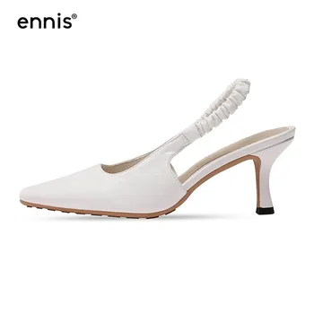 

ENNIS Fashion White High Heels Women Pumps Shoes Genuine Leather Stiletto Heels Pointed Toe Summer Slingback Shoes Spring P0010