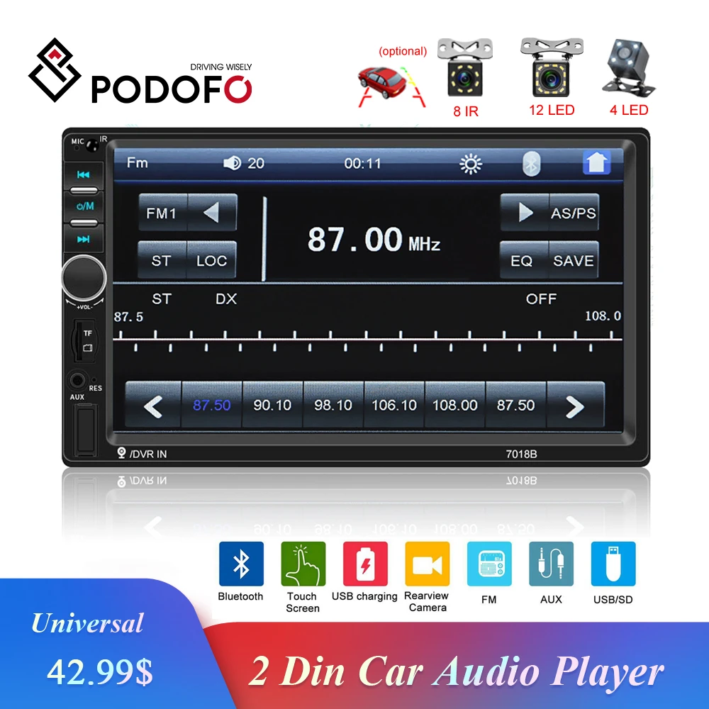 Tanie Podofo 2Din 7 calowy radioodtwarzacz samochodowy z ekranem dotykowym Radio samochodowe z bluetooth samochodowy sprzęt audio odtwarzacz MP5 wsparcie kamera tylna sterowanie radiowe samochód