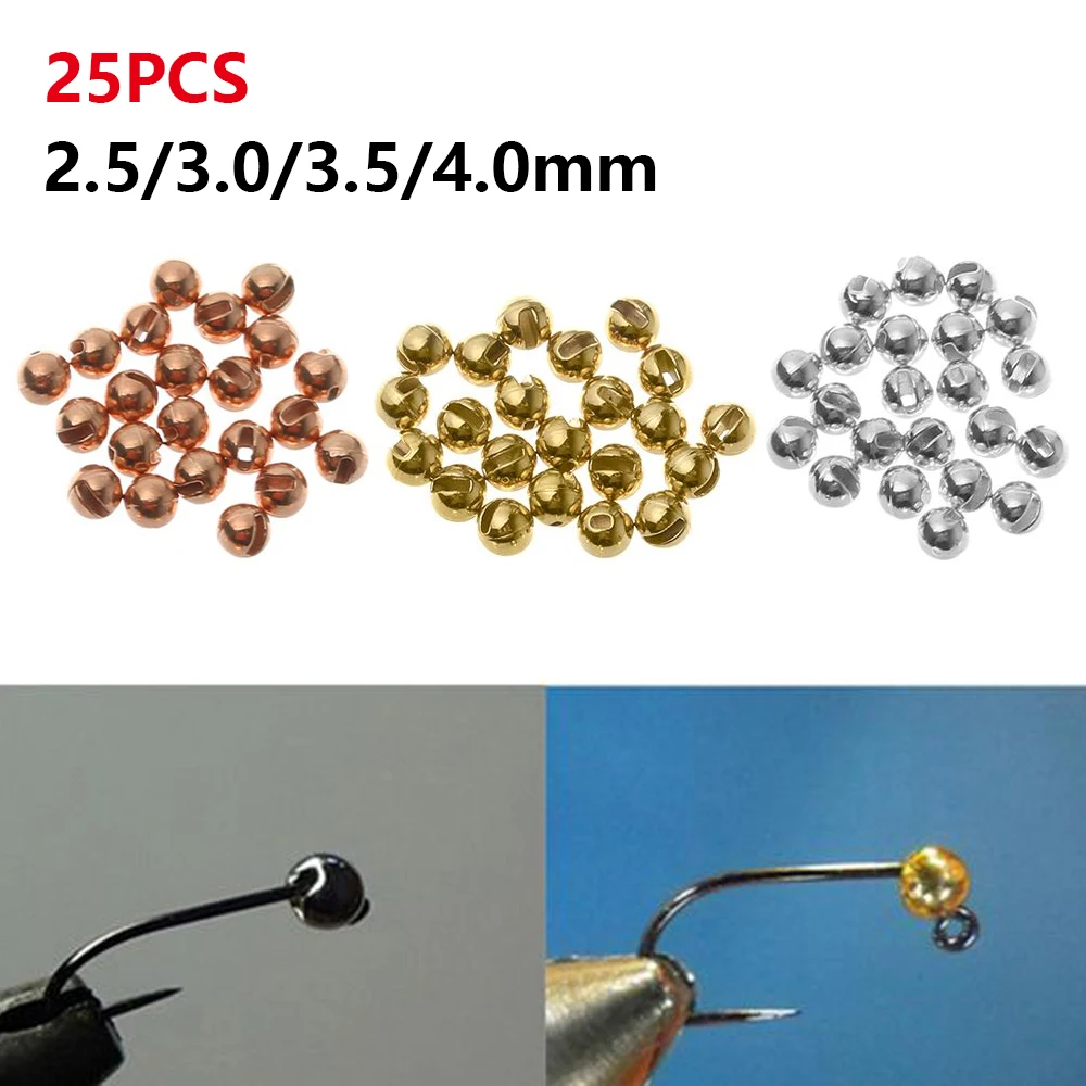 Fishing Beads 25Pcs Slotted Tungsten Gold Silver Copper Fly Tying Material Weight Fast Sink Jig Hook Ball 2.5/3.0/3.5/4.0mm