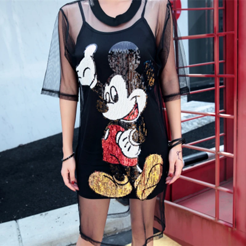 Style 7 Блестящая одежда с Микки для женщин комплект из двух предметов платье футболка Сетка прозрачные подтяжки слинг черная футболка платье черные свободные вечерние Топ - Цвет: Style 7