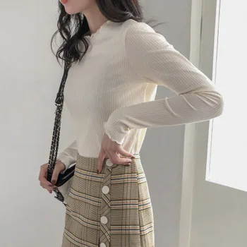 

2020 NEW Female autumn T-shirt new Korean version of the wave side long-sleeved shirt Slim thin bottoming shirt