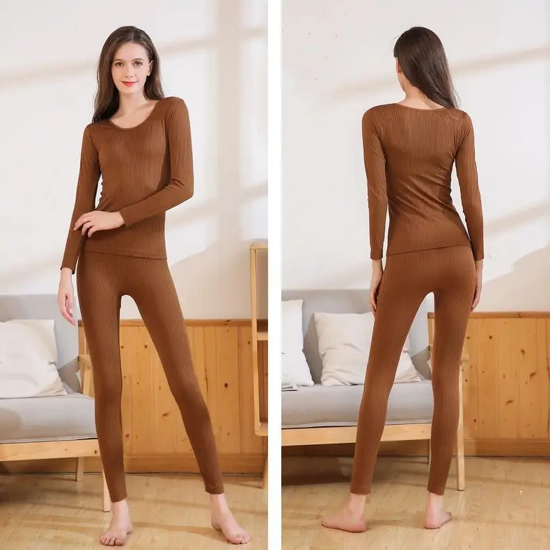 Ladies Thermal Underwear Set Winter Seamless Body Shaper Thin Round Neck Lace Trim Cotton Sweater Long Johns suit