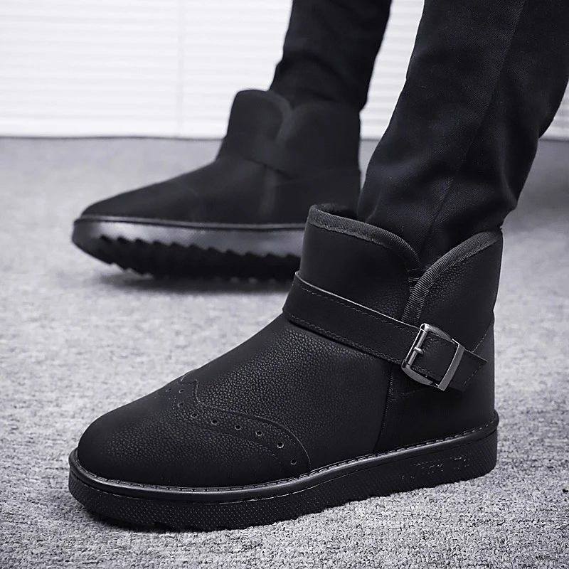 

New Men Boots High Quality Waterproof PU Leather Ankle Snow Boots Shoes Warm Fur Plush Slip on Winter Shoes for Dropshipping