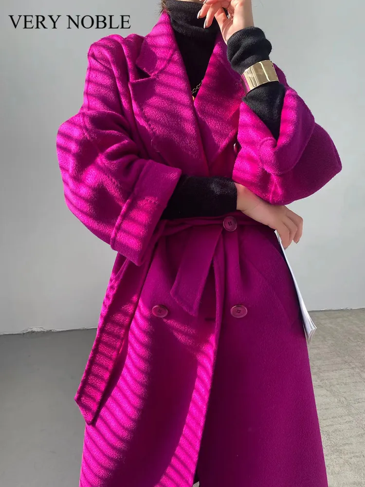 

VERY NOBLE Women's Cashmere Jacket Long Thicken Winter Warm Wool Top Fashion Lace Water Ripple Windbreaker
