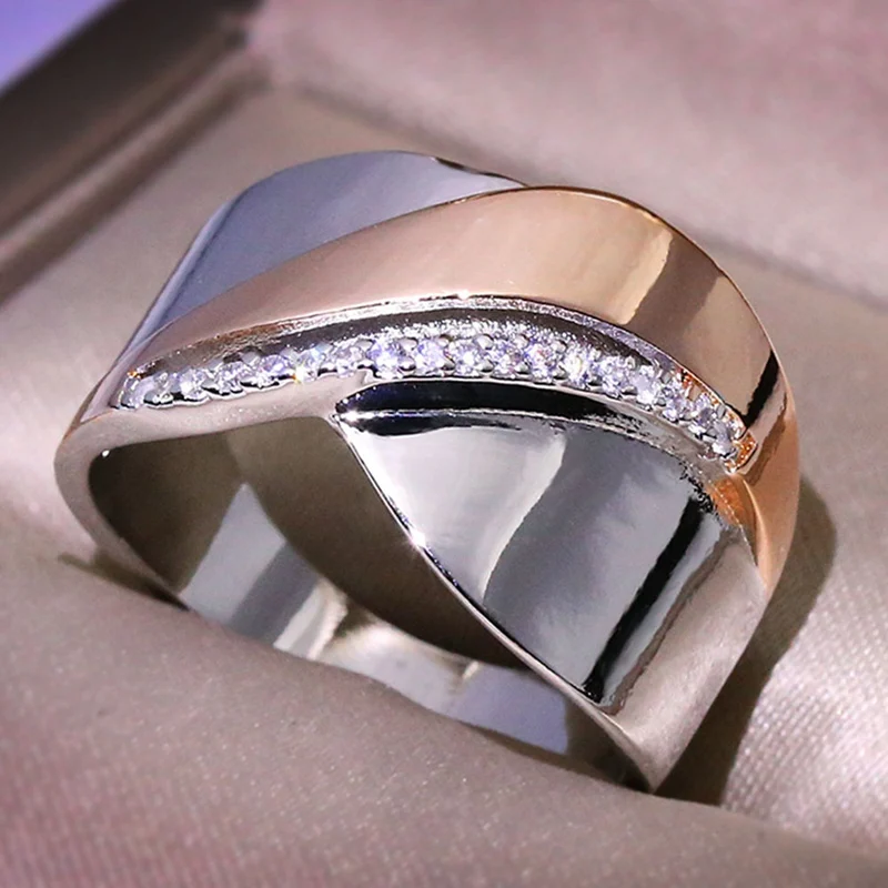 Скрещенные двухцветные кольца с бантиком из горного хрусталя, модные серебряные и розовое золото, разноцветные обручальные кольца CZ, ювелирные изделия, подарок