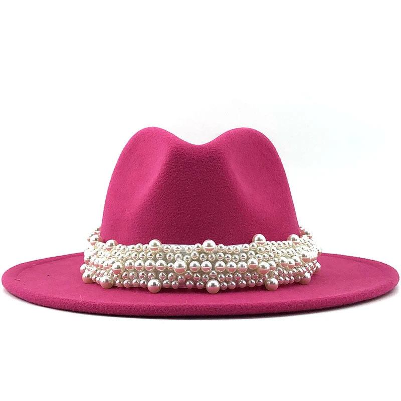 Wool Jazz Fedora Hats Casual Men Women Leather Pearl ribbon Felt Hat white pink yellow Panama Trilby Formal Party Cap 58-61CM pink fedora hat Fedoras