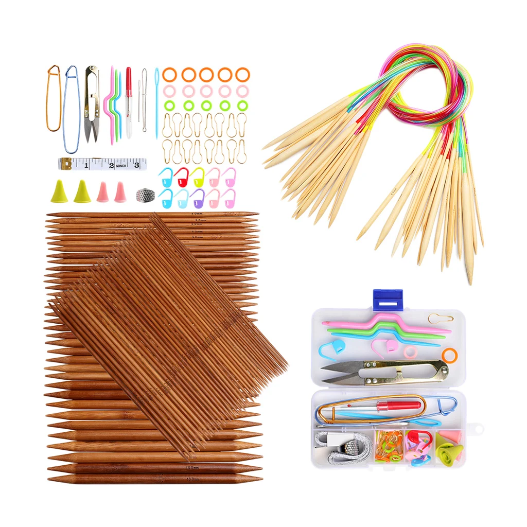 Knitting Needles Set Bamboo Circular Knitting Needles with Colored Tube Double Pointed Bamboo Knitting Needles 2.0 mm-10.0 mm