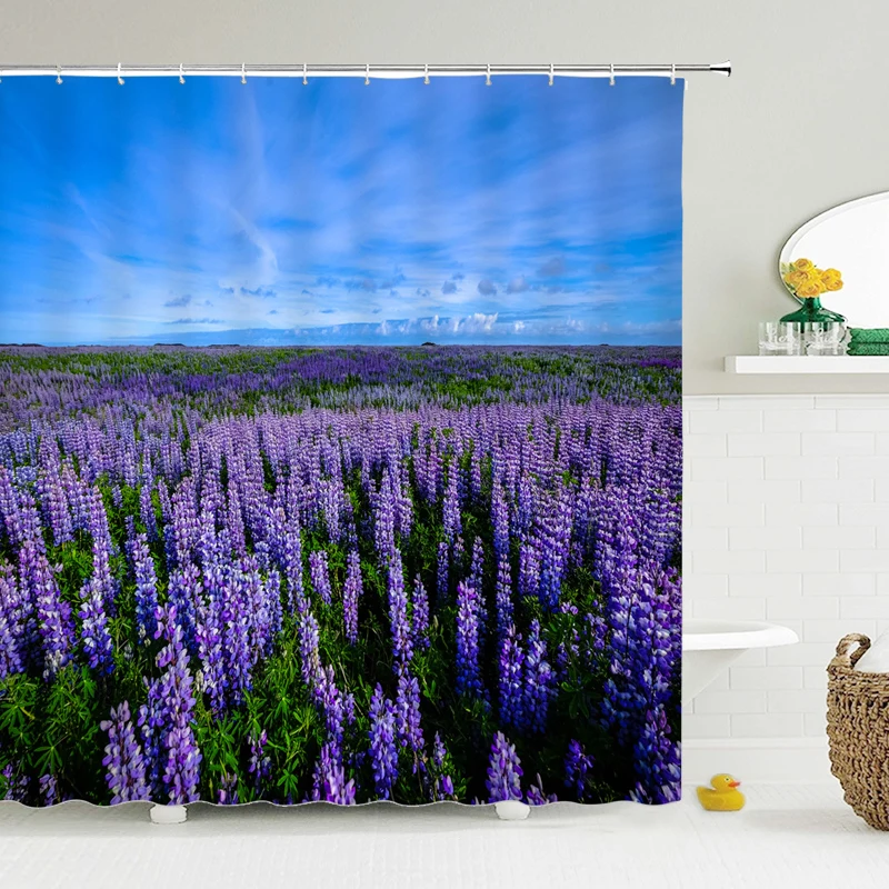 

Flower Landscape Lavender Shower Curtains Bathroom Decor Bath Purple Curtains Waterproof Polyester Fabric 12 Hooks Set Mat