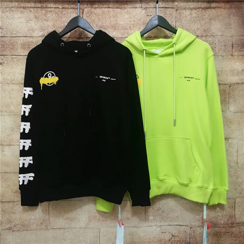 

OFF-WHITE limited fluorescent green splash ink arrow print design hooded Sweatshirt oversized male