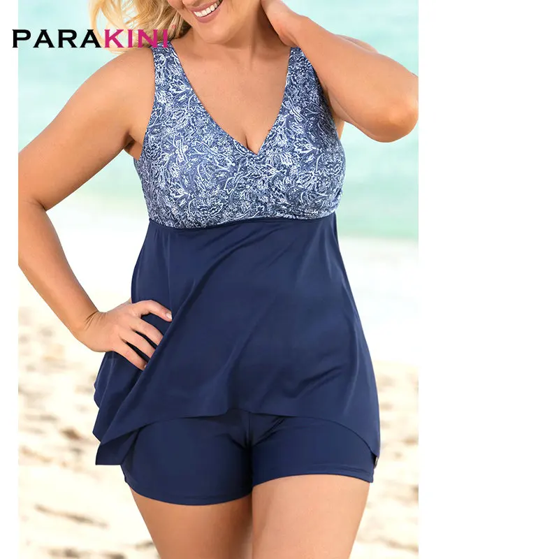 

PARAKINI Plus Size V Neck Bowknot Detail Printed Tankini Set Bathers Swimsuit Women With Shorts Large Size Swimwear Bathing Suit