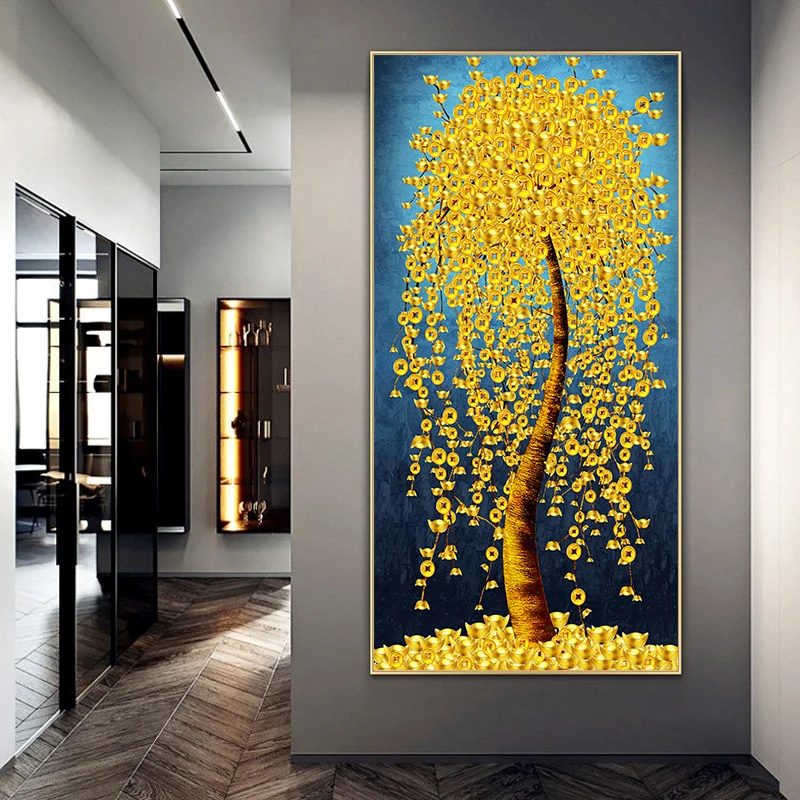 Abstract Golden Leaves and Money Tree Oil Paintings on Canvas Poster Modern Landscape Wall Art Picture Print Home Decoration | Дом и сад