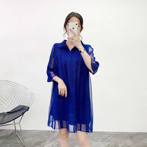 Blue Miyake плиссированные платья с бриллиантами, однотонные Свободные мини-платья выше колена с отложным воротником, сетчатые лоскутные платья размера плюс - Цвет: Blue