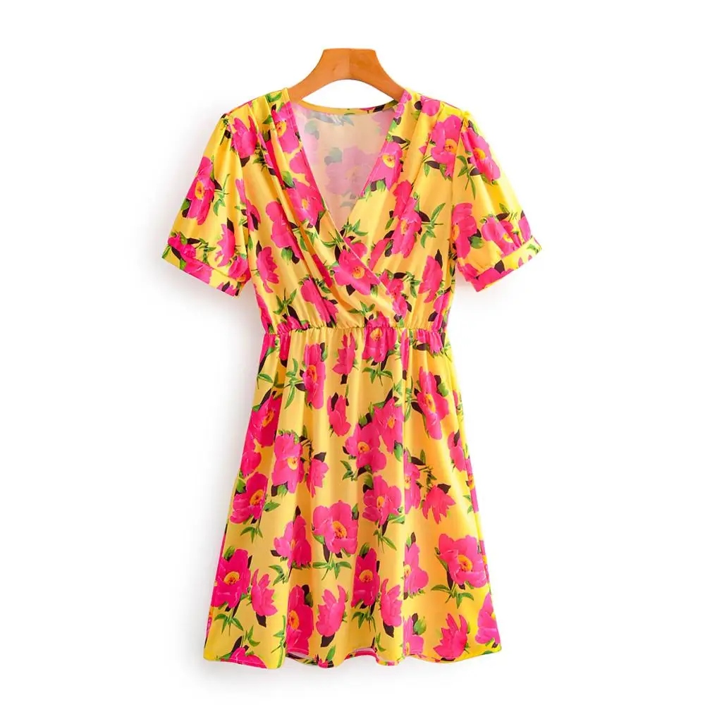 New 2020 Women Elegant V Neck Flower Print Elastic Waist Mini Dress Female Puff Sleeve Vestidos Chic Beach Style Dresses DS3660 New 2020 Women Elegant V Neck Flower Print Elastic Waist Mini Dress Female Puff Sleeve Vestidos Chic Beach Style Dresses DS3660