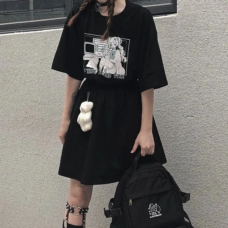 Goth Streetwear Short Sleeve Top Tee Female Kawaii y2k mujer gothic kpop футболка Harajuku Anime Print Black Crop Women T-shirts