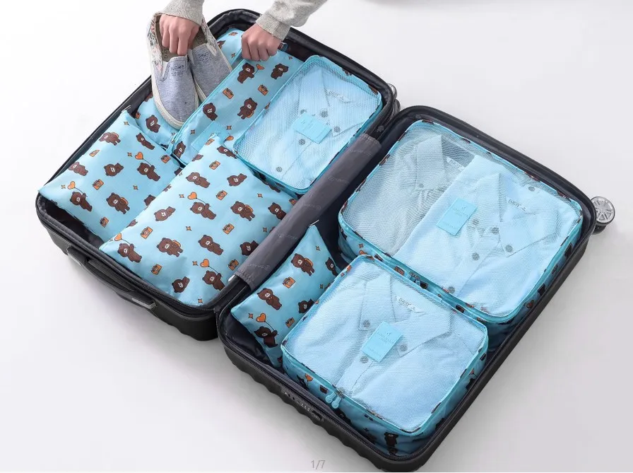 Hot Fashion Travel Waterproof Clothes Storage bags Luggage Pouch Packing Cube Solid Portable Organizer 7 pcs/set - Цвет: beer