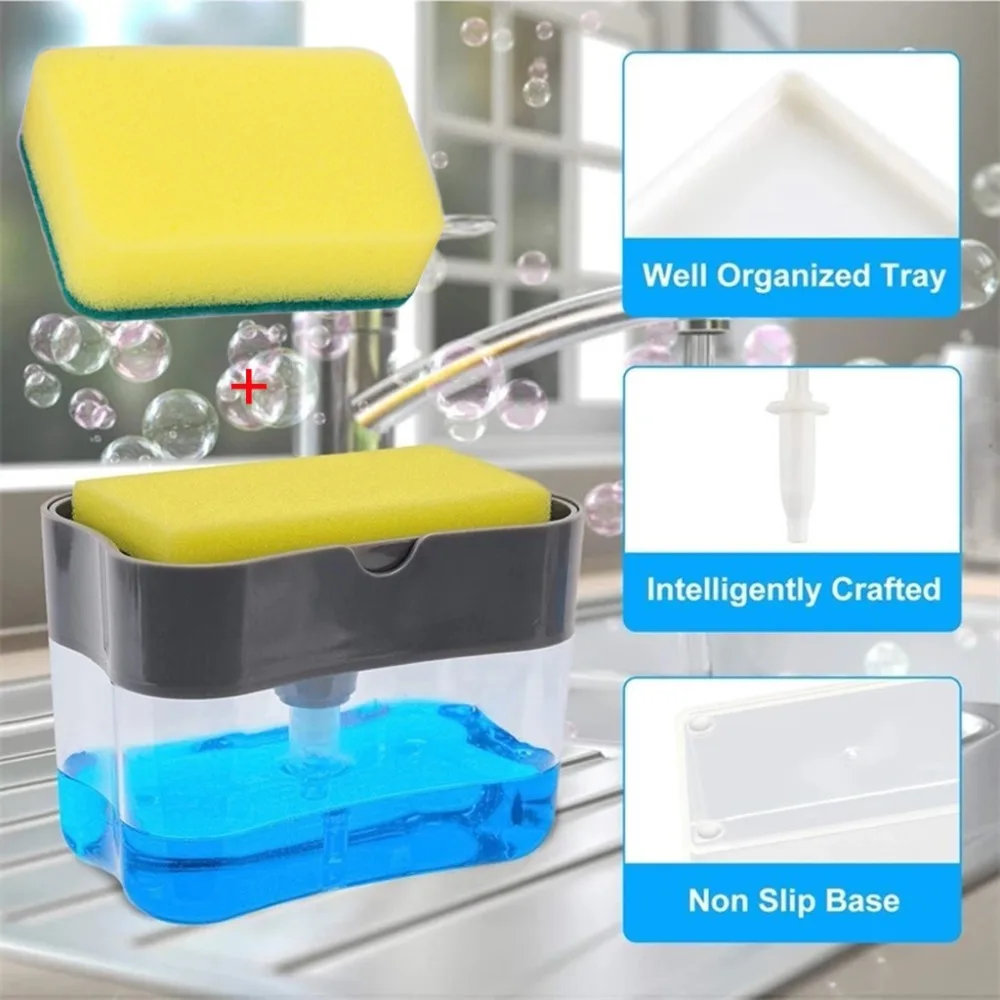 3pcs 2-in-1 soap dispenser and sponge 13 ounces of dishwashing liquid kitchen sink sponge holder + 2pc sponge  20D30 (8)