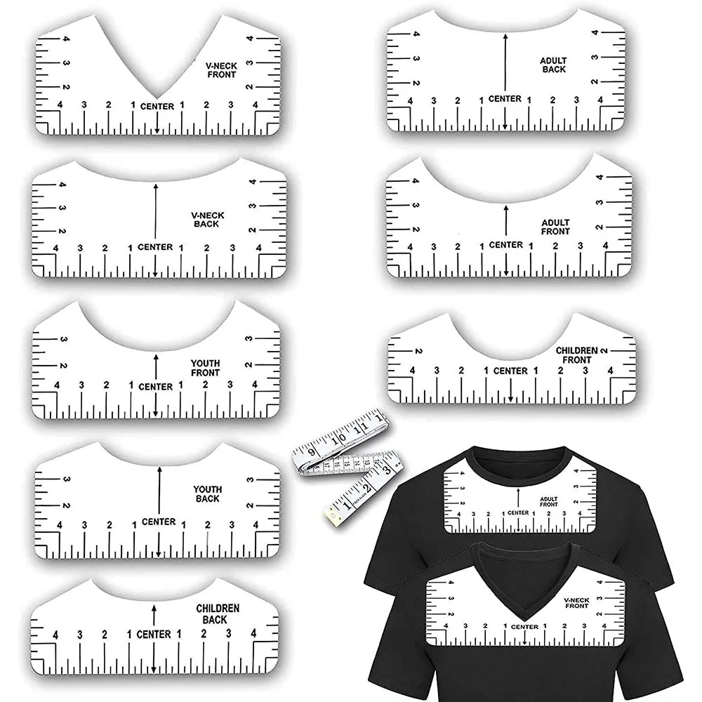 8PCS T-Shirt Ruler Guide Alignment Tool PVC T Shirt Ruler to Center Designs with 1PC 60Inch Tape Measure For Adult Youth Toddler 
