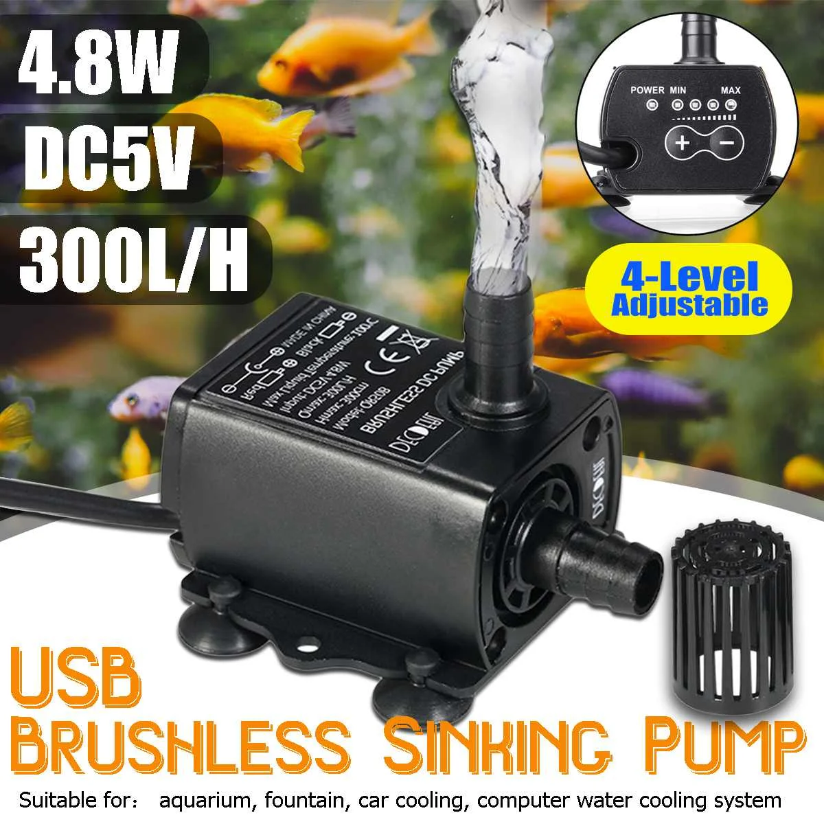 USB DC5V 4,8 Вт ультра-тихий мини Бесщеточный Водяной насос Водонепроницаемый погружной фонтан аквариумный циркулирующий 300л/ч подъемник 300 см