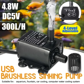 

USB DC5V 4.8W Ultra-quiet Mini Brushless Water Pump Waterproof Submersible Fountain Aquarium Circulating 300L/H Lift 300cm