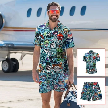 

3D Cartoon Print Men Summer Holiday Party Hawaiian Two Piece Set Hawaiian Style Shirt + Elastic Shorts Vacation Two Piece