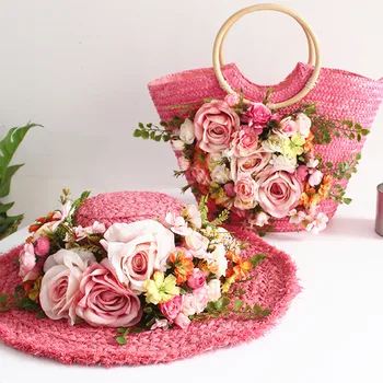 

Women nature raffia straw hat Lady casual flower panama gorros Holiday beach Handmade Sun hat +handbag Tote bag set