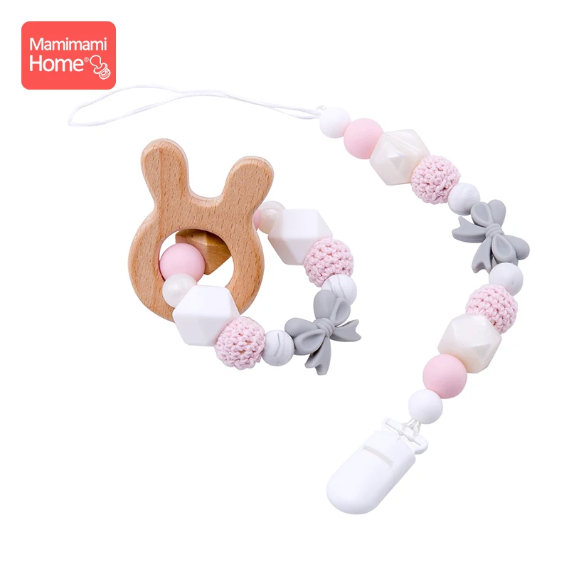 Pink Rabbit 1 комплект, детский прорезыватель, цепочка, погремушка, детские браслеты для кормящих детей, силиконовые бусины, деревянные подвески для грызунов, детские товары - Цвет: Pink Rabbit