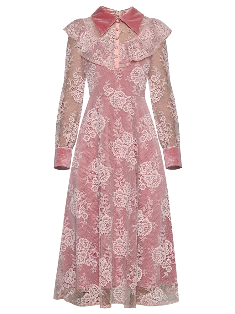 SEQINYY элегантное платье весенне-осеннее Новое модное дизайнерское женское кружевное платье с длинными рукавами и цветами высокого качества - Цвет: Розовый