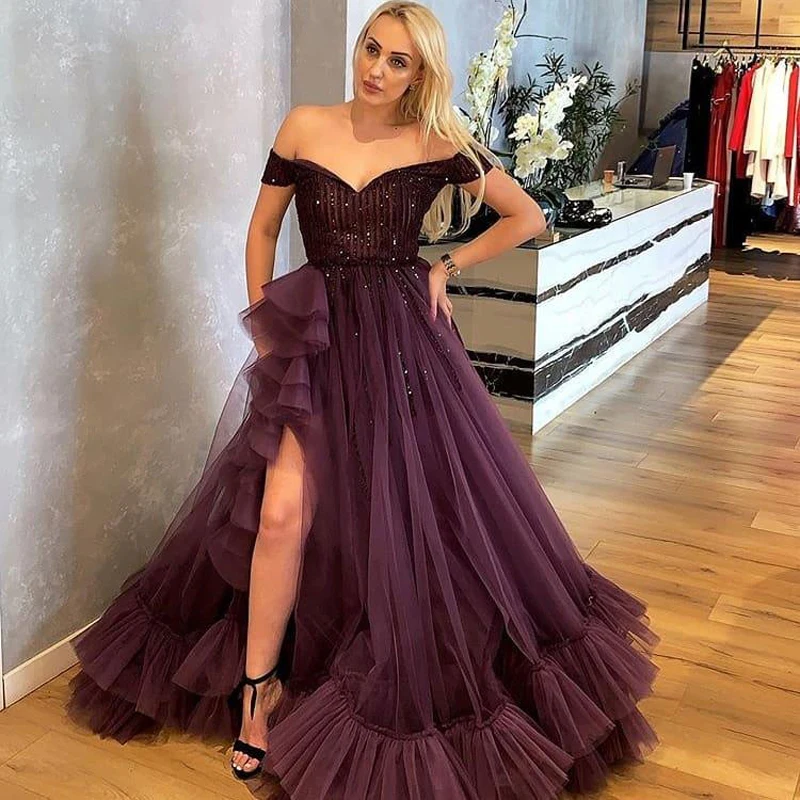 Arabic Grape Beaded Sexy Evening Dresses High Split Prom Ball Gown Formal Party Second Reception Gowns | Свадьбы и торжества